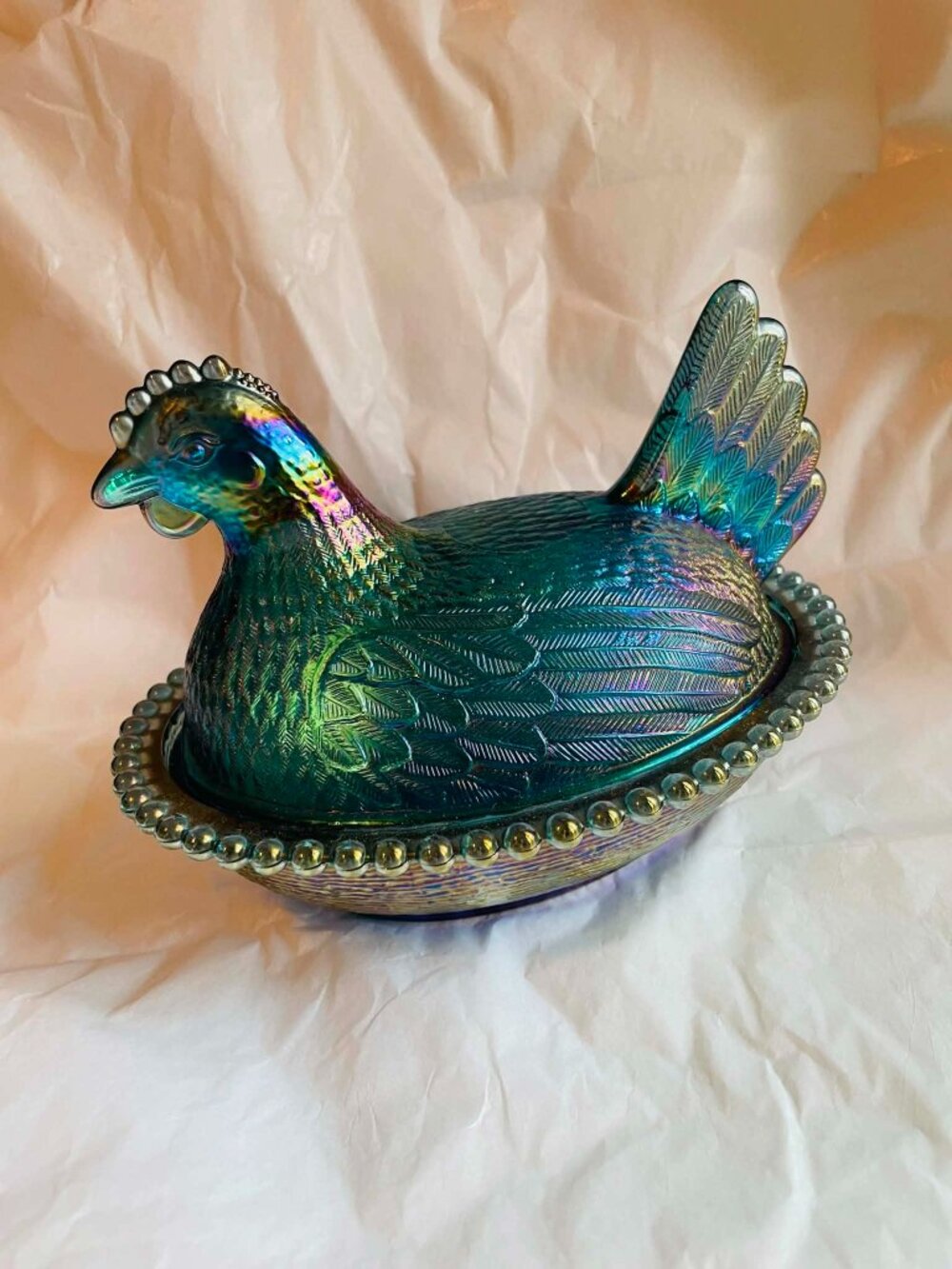 Vintage Indiana Glass Blue Carnival Glass Hen on Nest Iridescent 7” two piece